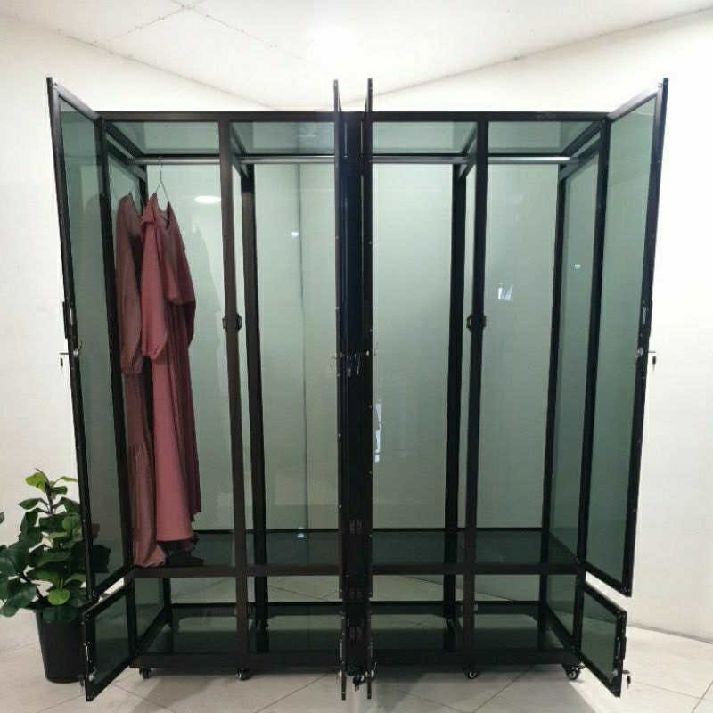 TC ALUMINIUM LB 520 170X55X195 B LEMARI RAK BAJU GANTUNG ALUMINIUM TEBAL DARK BRONZE FULL KACA HITAM