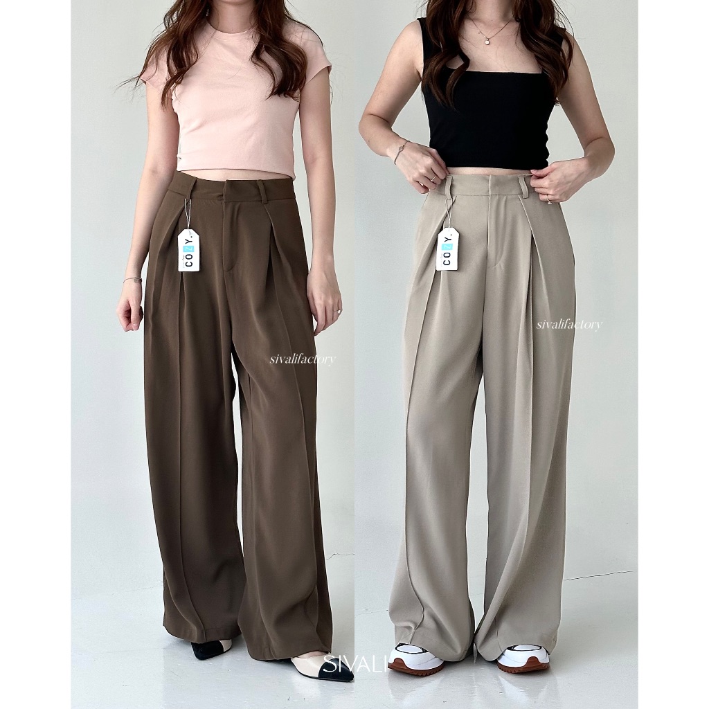 SIVALI Orin Pleated Pants - Highwaist Cullote Polyester - Celana Kulot Panjang Wanita Anti Kusut - C