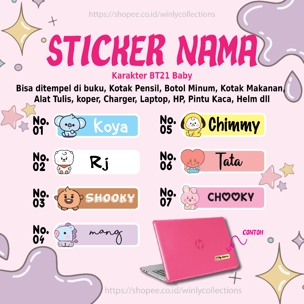 

STICKER LABEL NAMA BT21 BABY BTS LUCU STIKER LEBEL CUSTOM PREMIUM MURAH LUCU BISA TEMPEL DI BUKU KOTAK PENSIL MAINAN ANAK HELM BOTOL MINUM KOTAK MAKANAN ALAT TULIS KOPER LAPTOP HP PINTU KACA