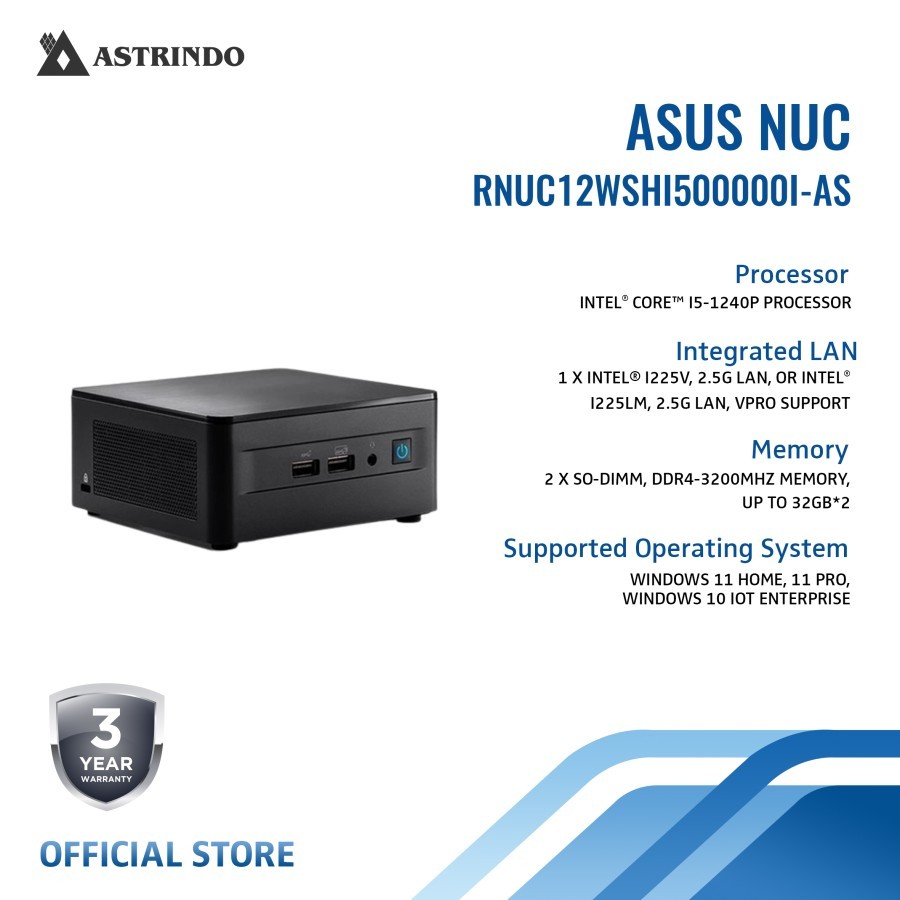 Asus NUC 12 Pro 12WSHI5 Intel Core i5-1240P Gen 12 DDR4 3200Mhz Mini PC - Barebone (Kosongan)
