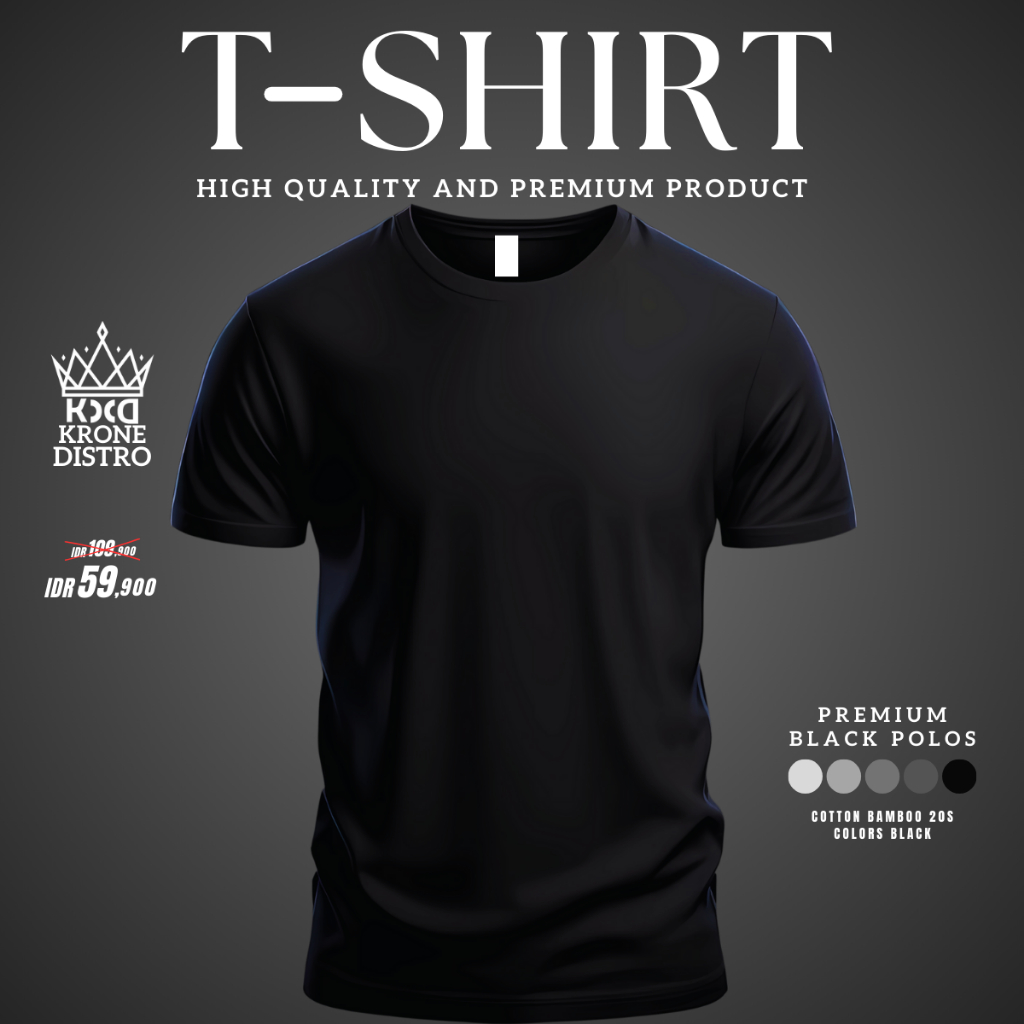 KRONE Kaos Hitam Polos Unisex Dewasa Cotton Bamboo 20s - Tshirt Distro Pria Wanita Anti Bakteri