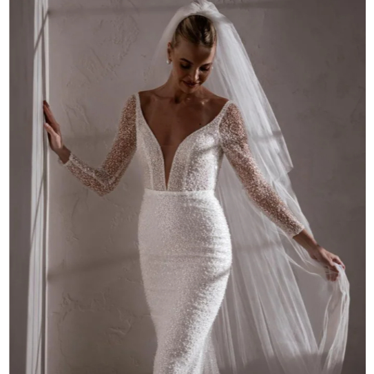 BEADING SQUEEN MERMAID WEDDING DRESS NEW SEXY V NECK BACKLESS WHITE DEEP V NECK