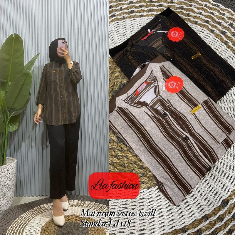 Oneset Setelan Wanita Kombinasi Motif Salur Besar Bahan Rayon Twill import kekinian terbaru termurah