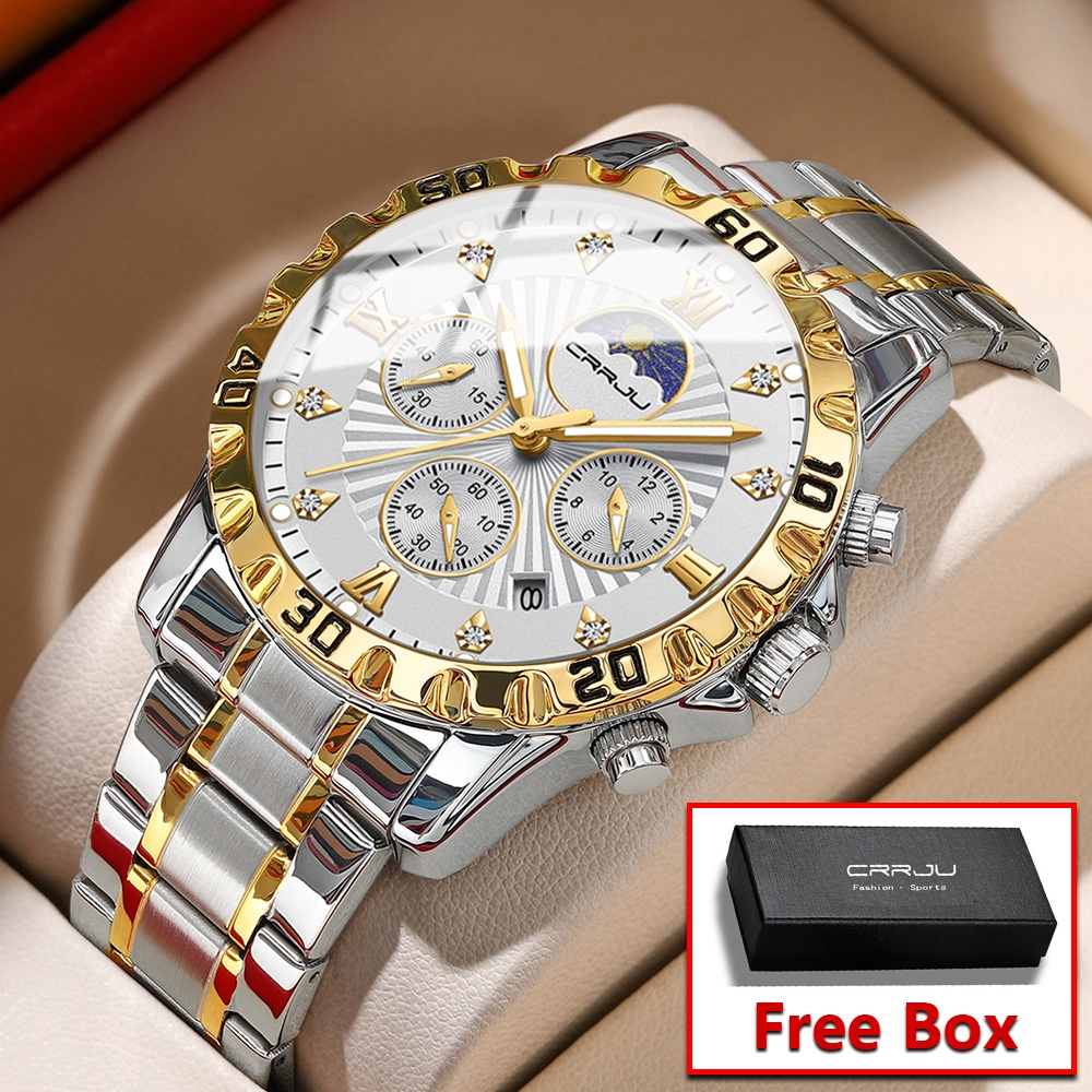 CRRJU Jam Tangan Pria Anti Air Original Multifungsi Chronograph Bercahaya Tali Stainless Steel Jam