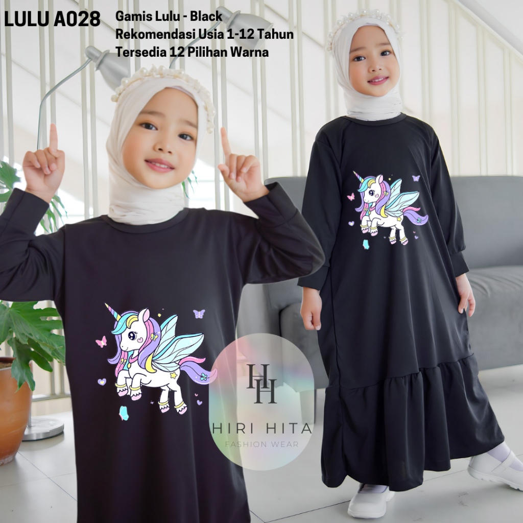 Hirihita A028 Baju Gamis Lulu Anak Perempuan Unicorn Kuda Pony 12 Pilihan Warna 1-12 Tahun