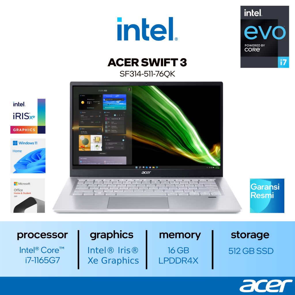 ACER SWIFT 3 INFINITY 4 SF314-511-76QK (14"FHD IPS/Intel EVO i7-1165G7/16GB/512GB/WIN11/SILVER/NX.AB