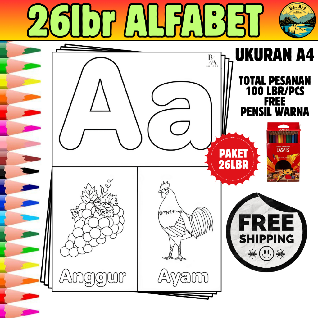 kertas gambar mewarnai anak A4 (ALFABET 26 LEMBAR)