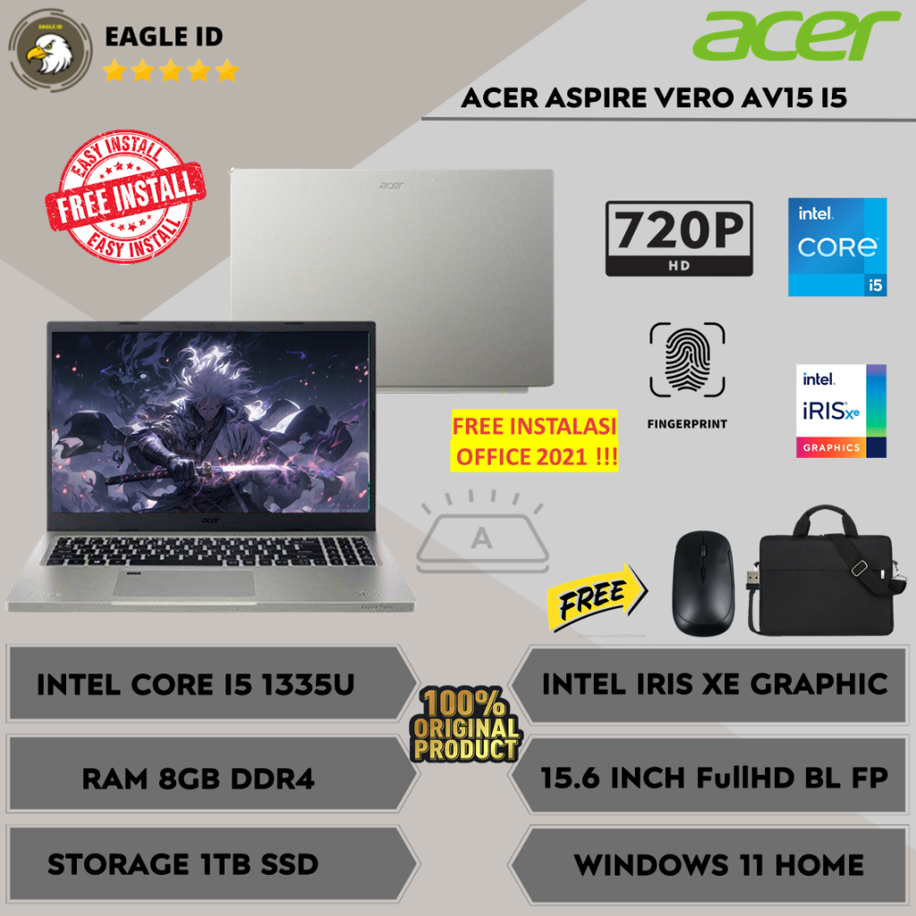 LAPTOP BARU ACER ASPIRE VERO AV15 INTEL CORE I5 1335U RAM 8GB 1TB SSD FHD IPS WINDOWS 11 ORIGINAL