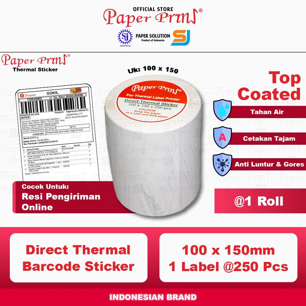 

Kertas Label Thermal 100x150mm Paperpryns 250 Pcs Ukuran A6 Sticker Barcode Resi (@1 Roll)