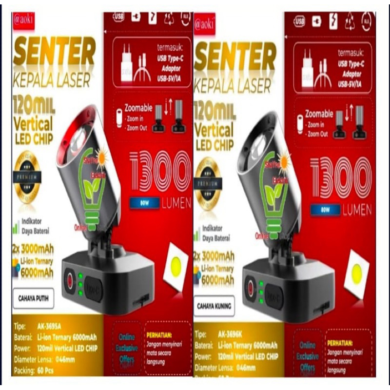 Aoki Senter Kepala LED Zoom AK-3695A / AK-3685A / AK-3686K / AK-3671A AOKI Putih / Kuning