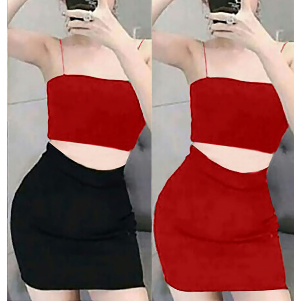 1673 Setelan Rok Mini Tanktop Sexy - Baju Sexy Wanita LC Karaoke Seragam Hitam Merah Pakaian Malam