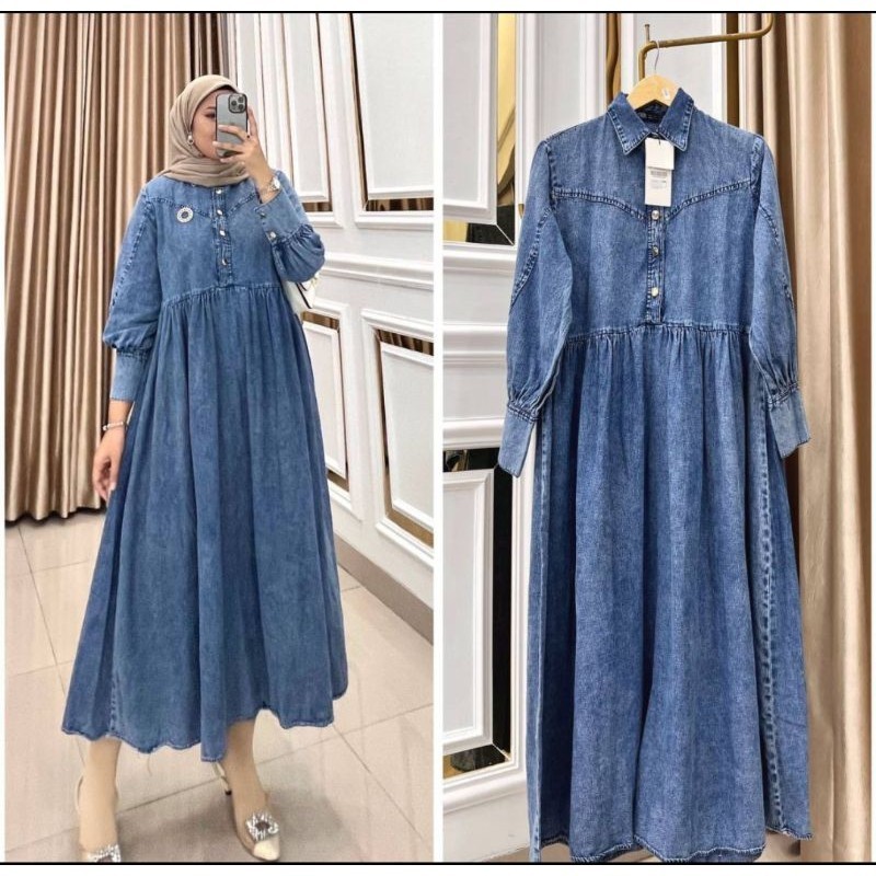 SYAHRINI GAMIS JEANS TASYA DRESS DINAR KENAN MIDI MAXY JUMBO KEKINIAN TERBARU DM