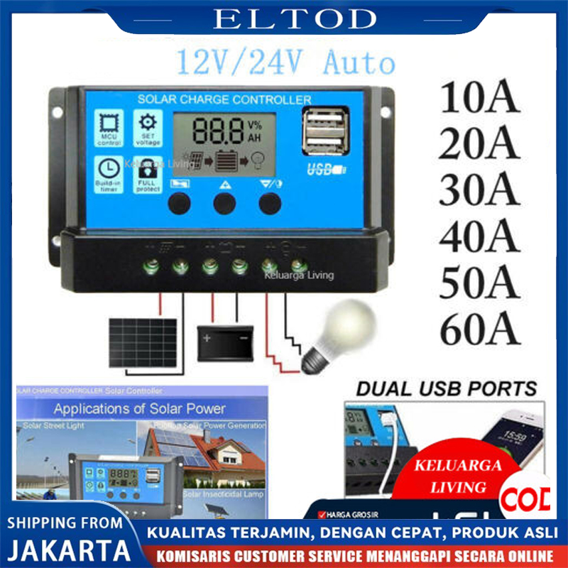 Solar Charge Controller LCD LED Display Solar Cell PWM 12V 24V 10A 20A 30A 50A 60A USB Panel Tenaga 