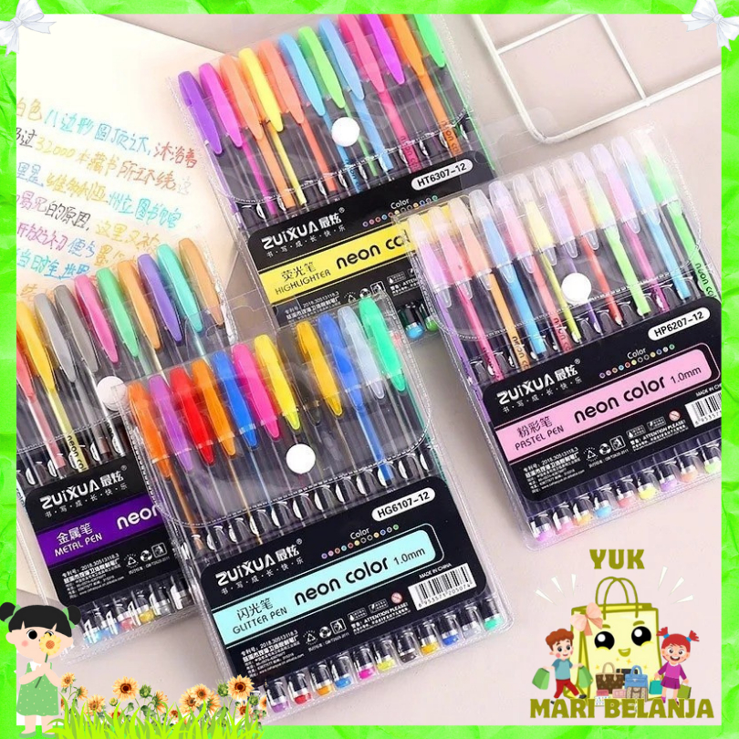 

YMB - Pena Glitter Metalik 1.0mm Isi 12pcs Pulpen Warna Warni Tinta Pastel Neon Color Pen Pastel Ballpoint Craftwork Scrapbook Gel Ink Highlighter Penanda Buku Warna Warni Ujung Lembut
