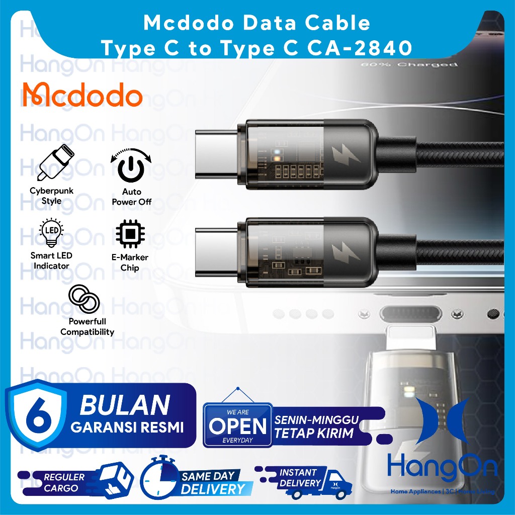 Mcdodo CA-2840 Kabel Data Transparan Type C to Type C Auto Power Off