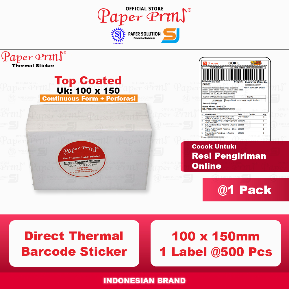 

Kertas Label Thermal 100x150mm Lembar Paperpryns 500 Pcs Ukuran A6 Sticker Barcode Resi (@1 Pack)