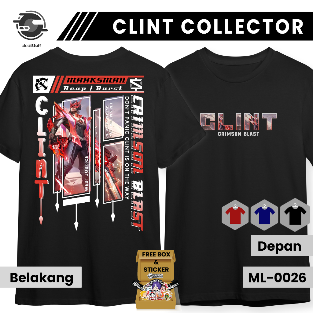 Kaos MLBB CLINT SKIN COLLECTOR Mobile Legends Skin Lengan Pendek Hitam Combed 24s Pria Wanita