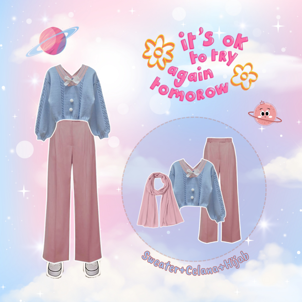 3 IN 1 One Set Hijab Korean Style Outfit Remaja Kekinian Outfit Wanita Sweater Celana - SET AE119