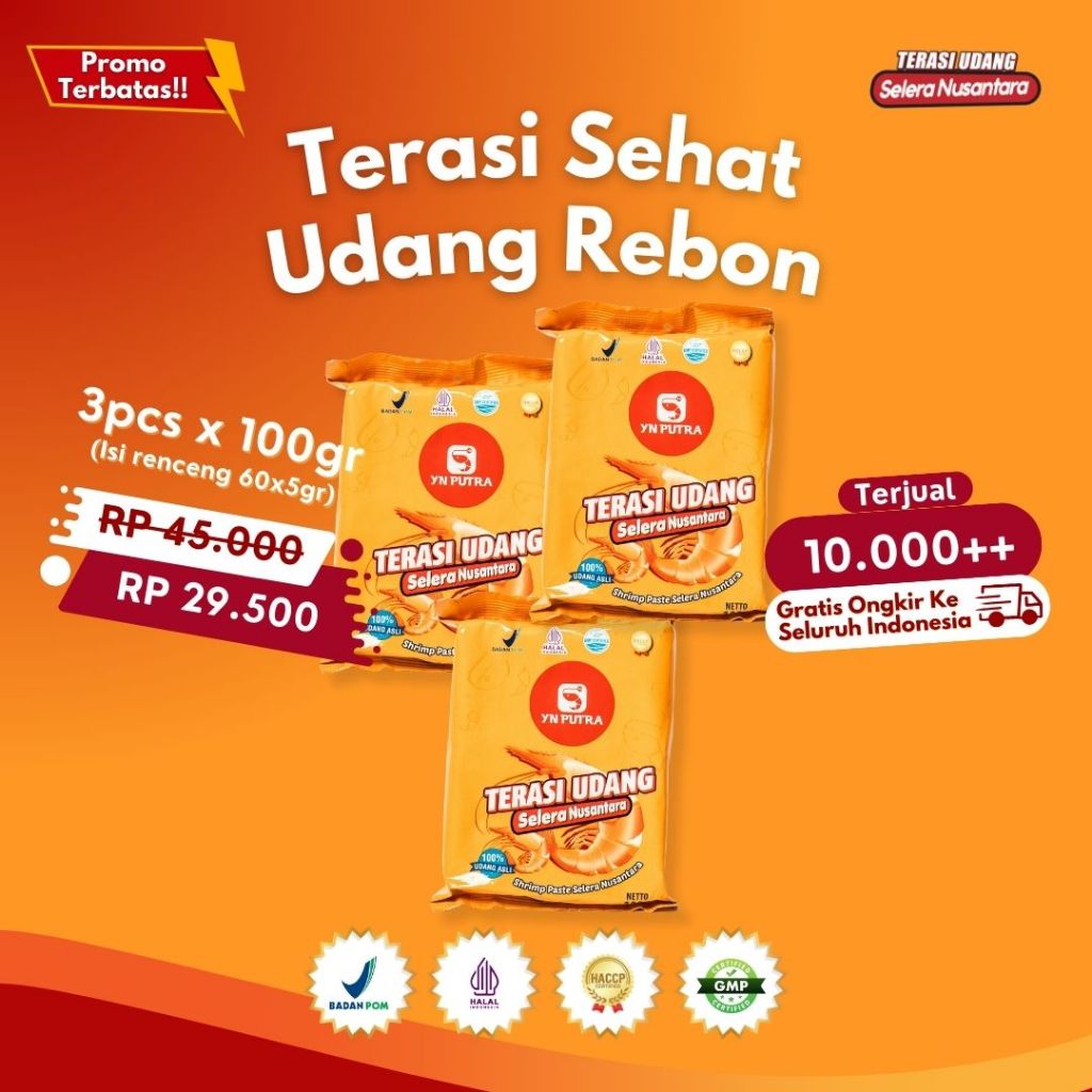 

Terasi Selera Nusantara - 3pcs x 100gr (Renceng 5gr isi 20pcs) - Terasi Sehat Udang Rebon Super Premium - Wangi Harum Gurih