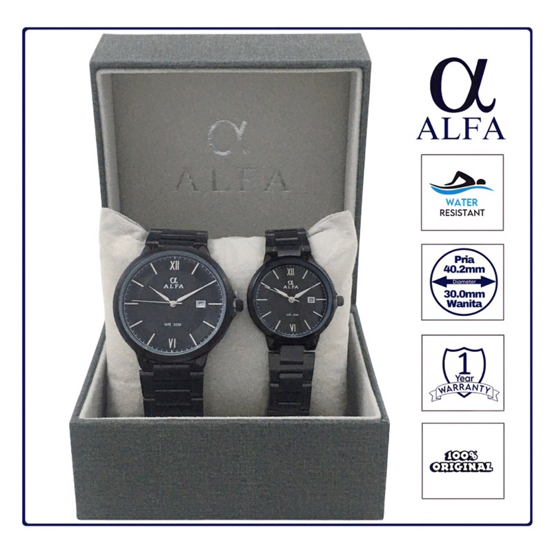 ALFA Jam Tangan Pria Original Anti Air Rantai Stainless Steel Garansi Warna Hitam 88802