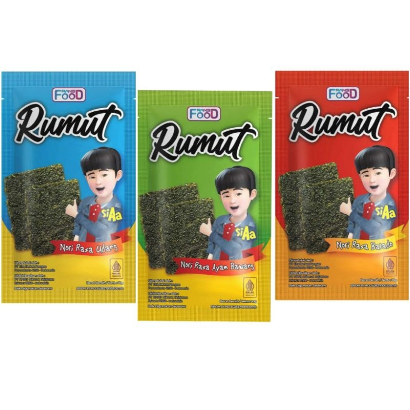 

Camilan Snack Makanan Ringan Rumput Laut / Nori Seaweed Rumut Si AA 10 Gr Rasa Balado, Ayam Bawang, Udang