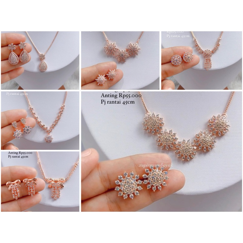 set kalung anting lapismas rosegold look diamond replika. kalung anting titanium rodhium tembaga cup