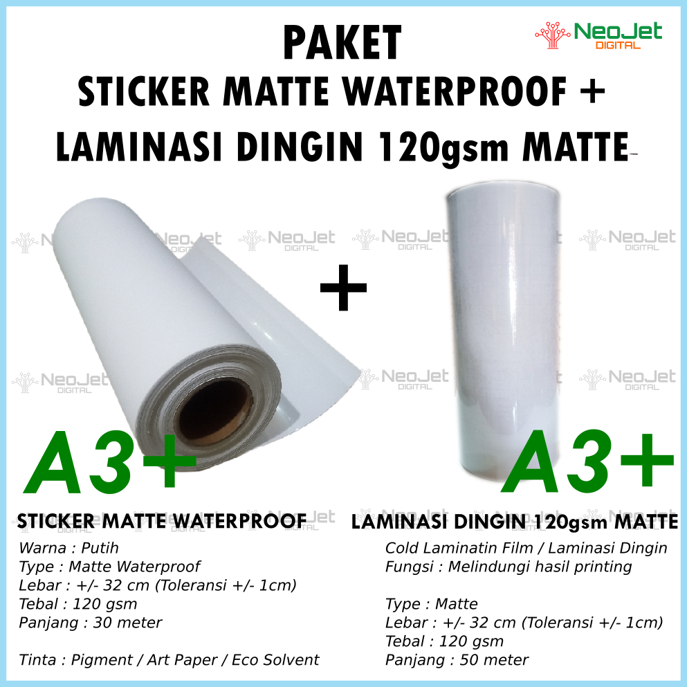 

Paket Sticker Matte Waterproof Water Proof A3 + dan Bahan Laminasi Dingin 120 gsm Matte Mate Doff Doft Dof A3 +