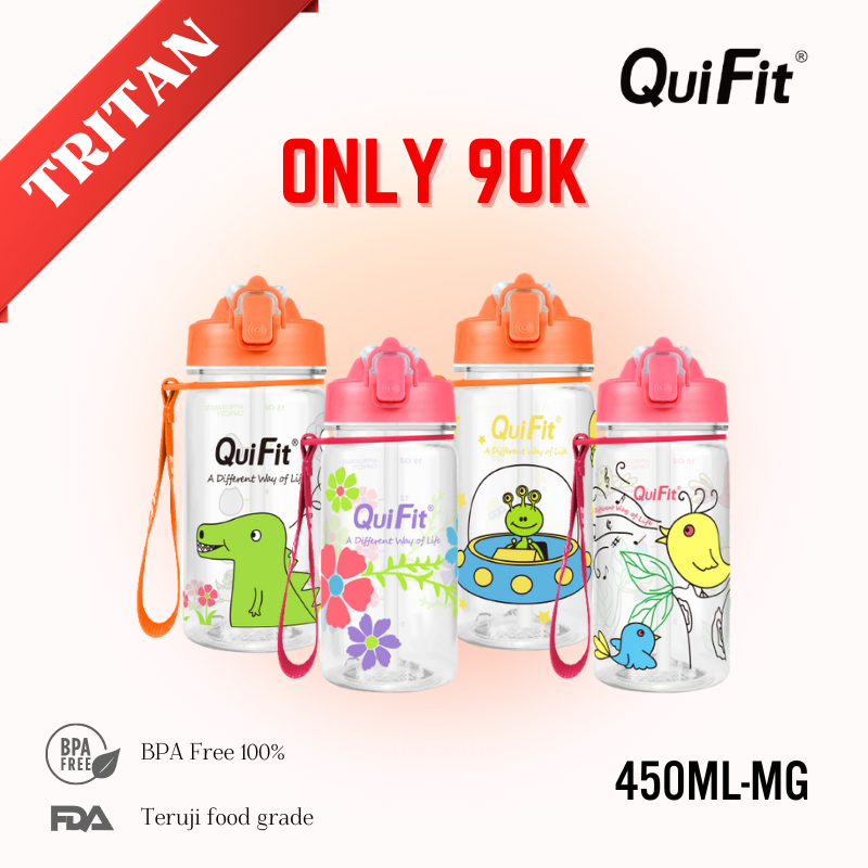 QUIFIT - [450MLMG] Botol Air Minum Tritan Motivasi Anak Anak 450ML dengan sedotan dengan penutup fli