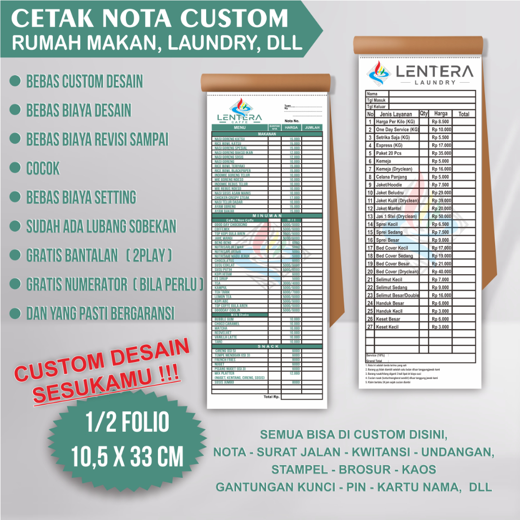 

Custom Nota Laundry / Rumah Makan Ukuran 10x33 cm Rangkap 1 Atau 2 Play