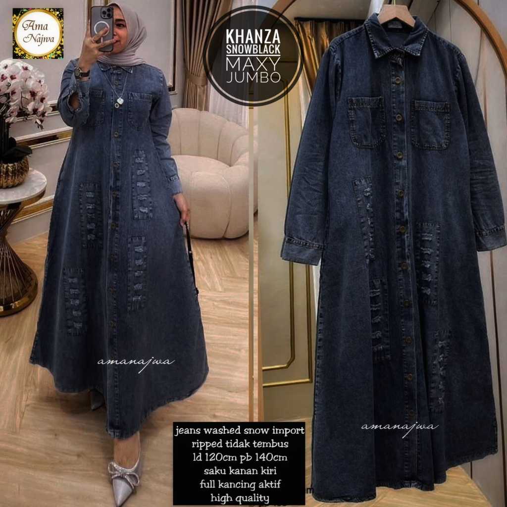 Khanza baju dress gamis maxy jeans washed wanita muslim ibu ibu jumbo ld 120 motif polos terbaru