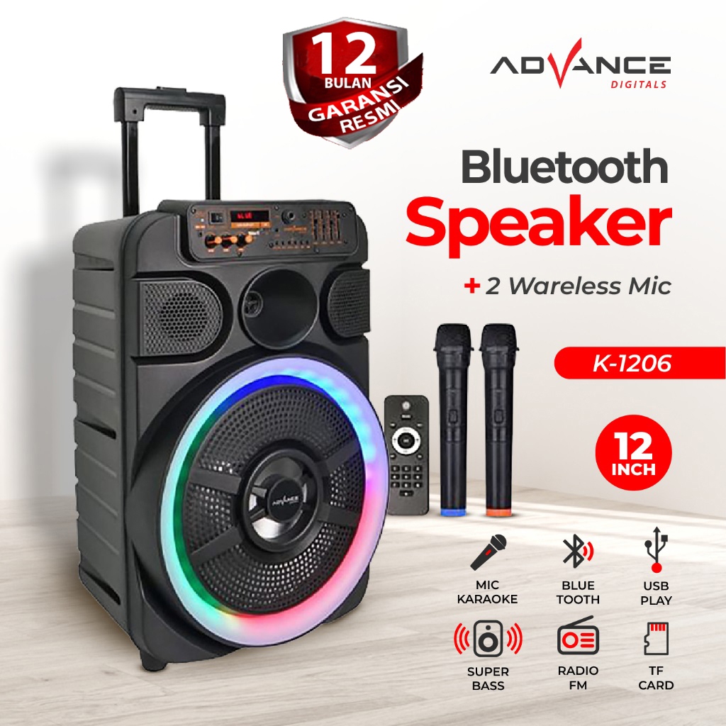 Advance Speaker Portable K-1206 free 2 Mic Wireless Speaker Portable Spiker Aktif Bluetooth Pengeras