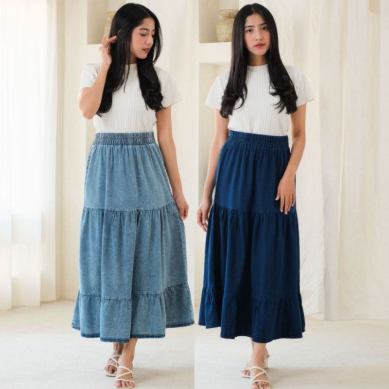ROK JEANS SUSUN-ROK JEANS KOREAN STYLE-ROK PANJANG PINGGANG KARET-ROK JEANS MAYUNG