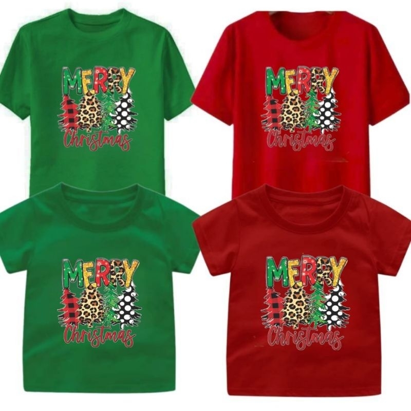 baju kaos  natal anak dan dewasa motif pohon natal loreng