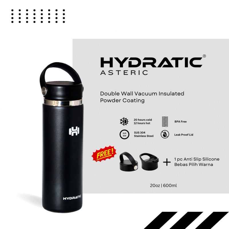 BOTOL MINUM TUMBLER HYDRATIC ASTERIC 20oz / 600ml - Tahan Panas Dingin 12 - 24 jam - BLACK - (2