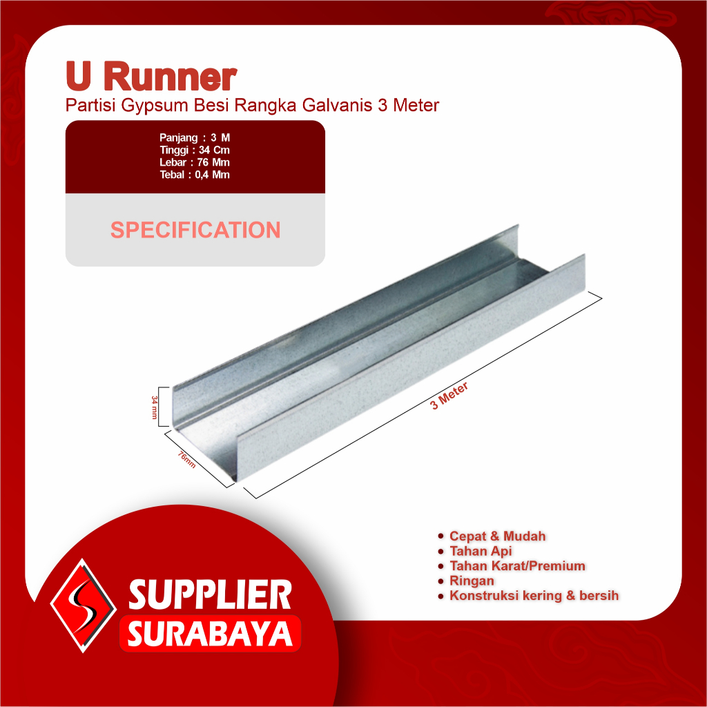 U Runner Ukuran 3 Meter Partisi Gypsum Besi Rangka Galvanis baja ringan | U Runner Baja Ringan 3 met