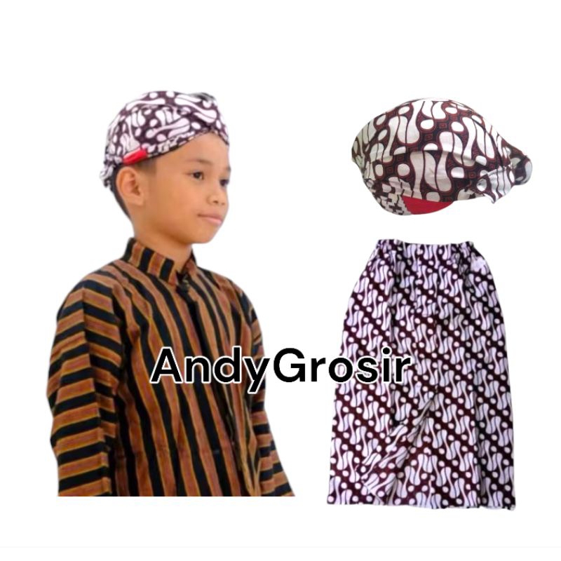Setelan Baju Surjan Lurik Jarik Wiru Anak + Blangkon Jogja Putihan