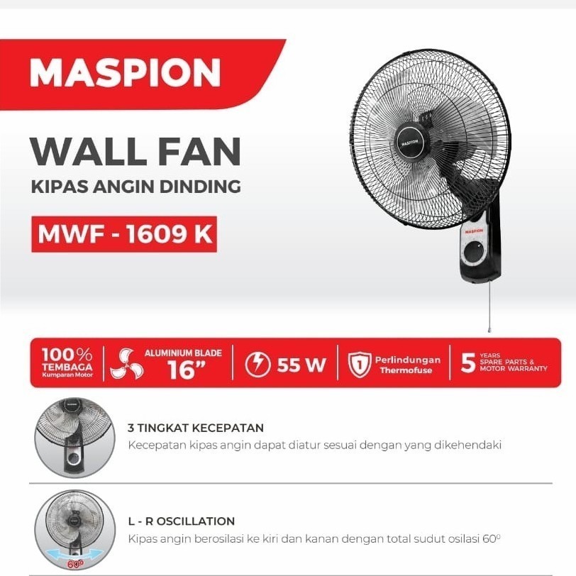 Maspion Kipas Angin Dinding Tembok Wall Fan 16 Inch MWF 1609 K MWF1609 K MWF-1609 K Garansi