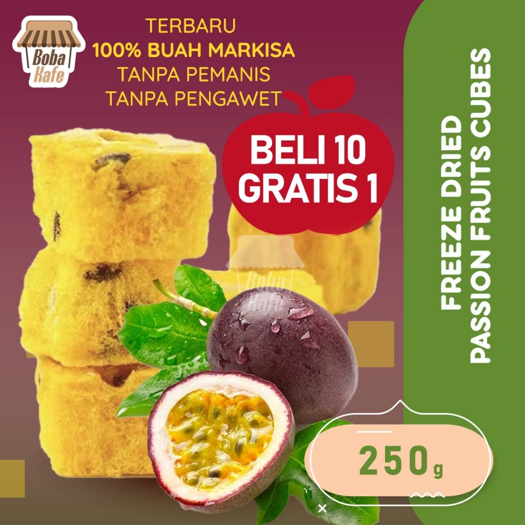 

SPECIAL FREE 1 pack setiap pembelian 10 pack FREEZE DRIED PASSION FRUIT DICES @250GR - Buy 10 get 1 Free