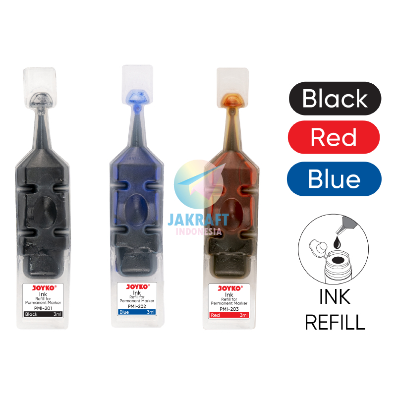 

(24 Pcs) GROSIR Tinta Refill Spidol Permanen Tidak Bisa Dihapus JOYKO PMI-201 Hitam Black | PMI-202 Biru Blue | PMI-203 Merah Red Permanent Marker Ink | PACK