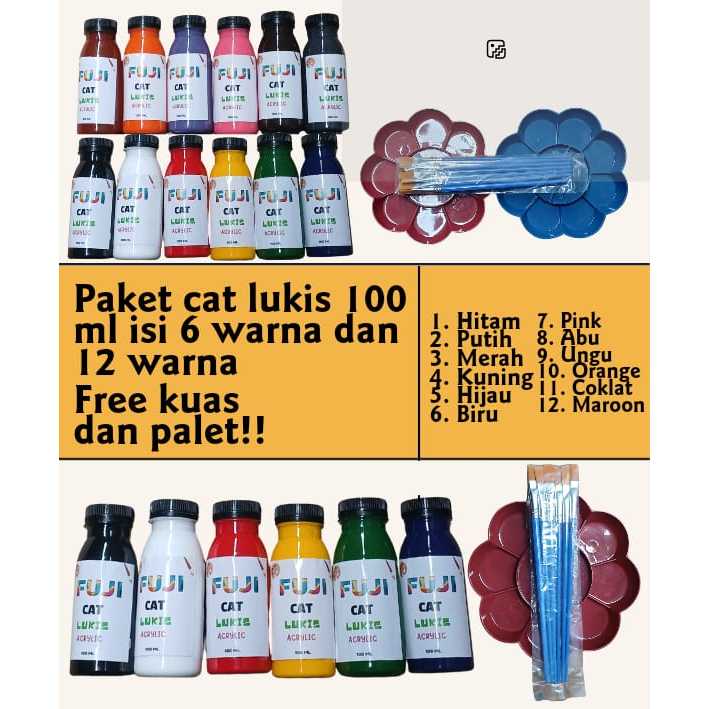 

Rad 1 Paket Cat 100 ml Isi 6 Warna Dan 12 Warna Bonus Kuas Dan Palet