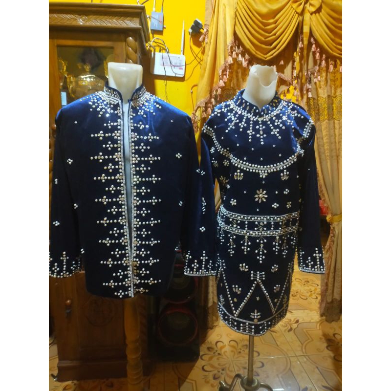 Baju adat Palembang biru silver , merah, maroon