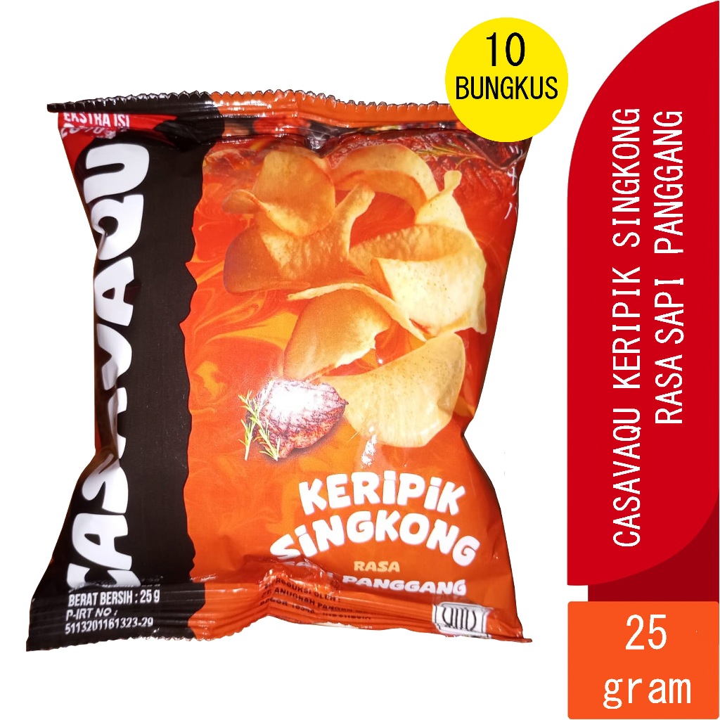 

CASAVAQU SINGKONG SAPI PANGGANG KERIPIK KRISPY MAKANAN RINGAN SNACK 25GRAM PACK ISI 10 BUNGKUS FUN CORNER