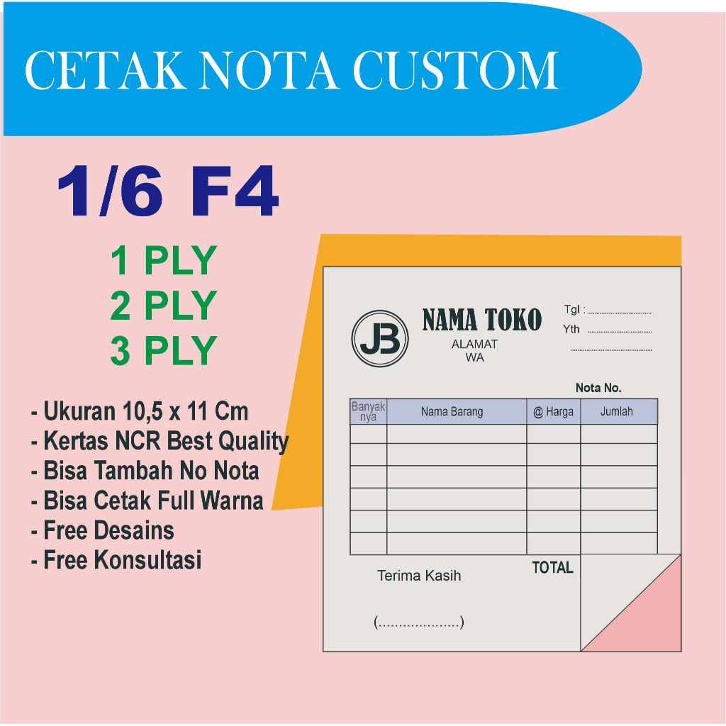 

Nota Laundry Custom Nama Ukuran 1/6 Folio 1ply 2ply 3ply Nota Penjualan Custom