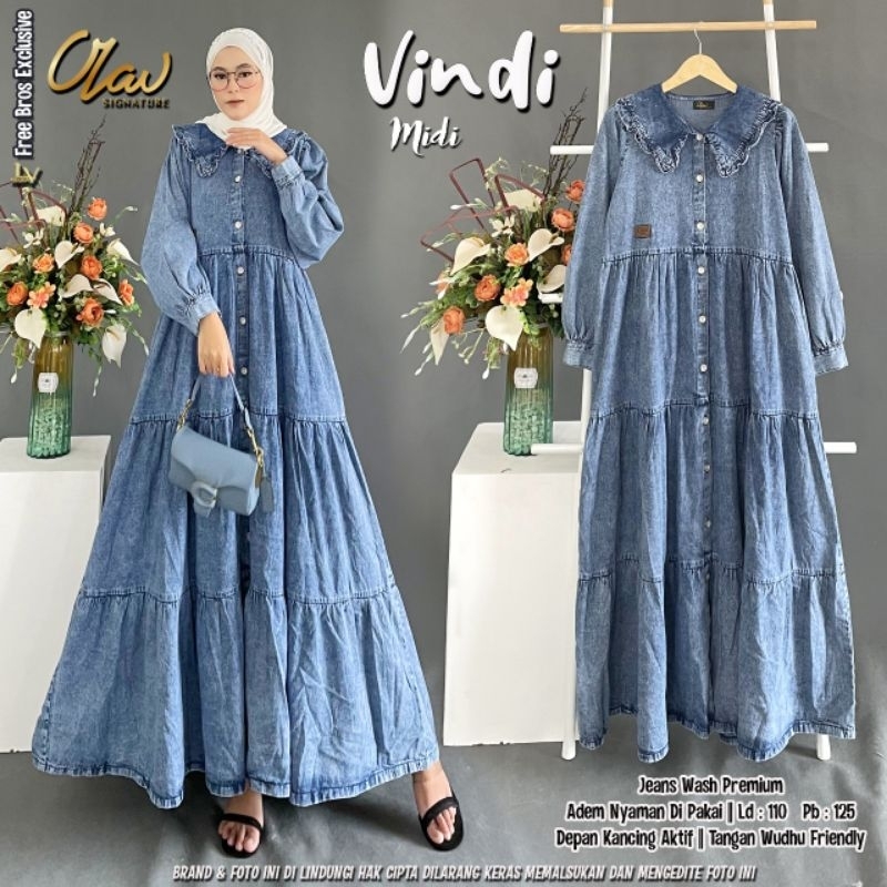 Vindi Maxy Gamis Dress Jeans Snow Rempel Susun Ld 110 Jumbo Fit XXL Busui Kancing Aktif By Olav