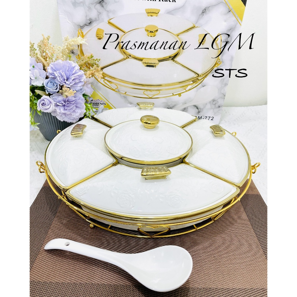 Prasmanan Putar Wadah Saji Keramik Set Motif Linning Gold Fiorenza LGM-772