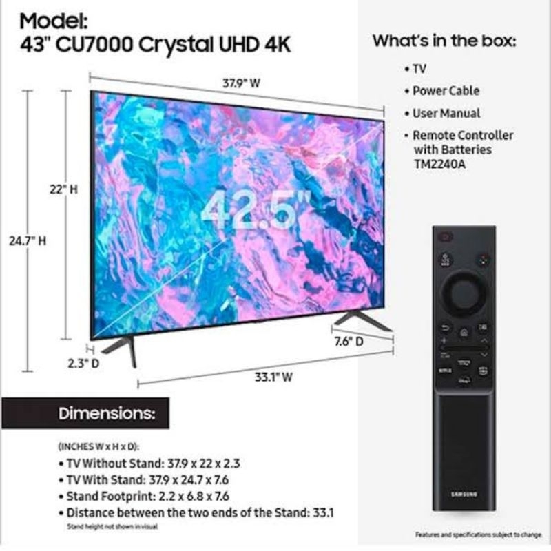 TV Samsung 43" CU7000 Crystal UHD 4K