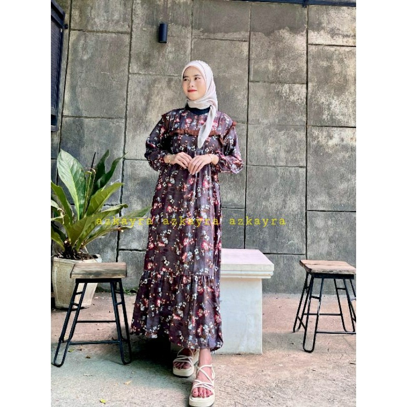 midi dress wanita terbaru rayon model rempel susun motif bunga busui