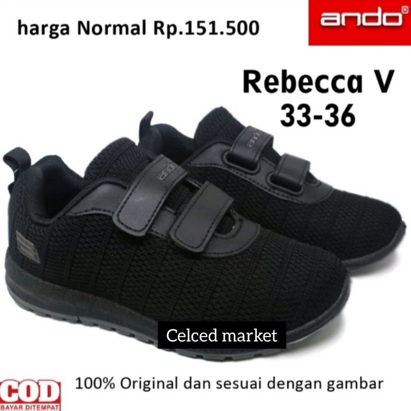 ANDO Sepatu Sneaker Anak Sekolah Cowok Cewek Kecil Tanggung Kreketan Tanpa Tali Hitam Kekinian