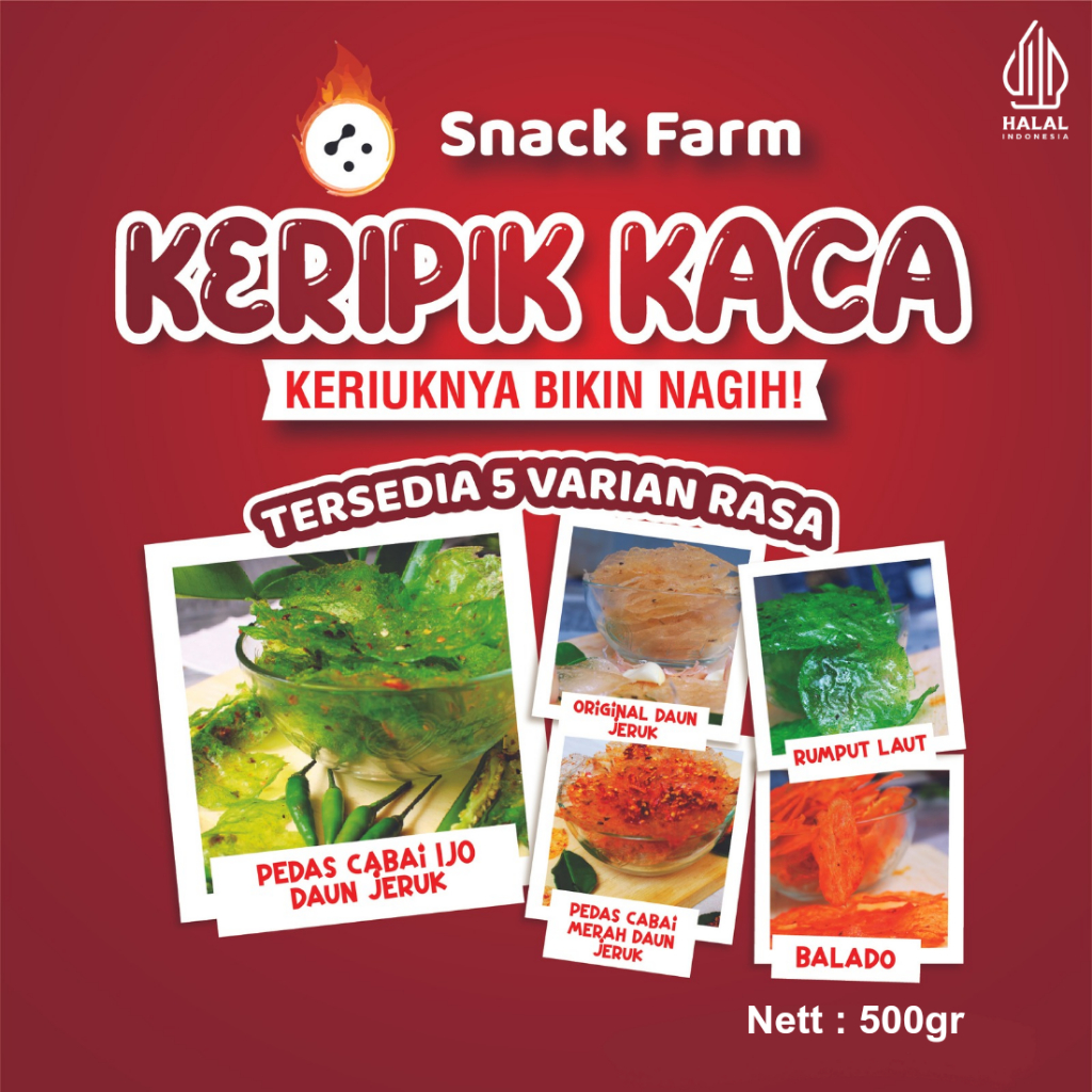 

SNACK FARM 500GR KERIPIK KACA PEDAS CABAI MERAH DAUN JERUK , CABAI IJO DAUN JERUK, RUMPUT LAUT,