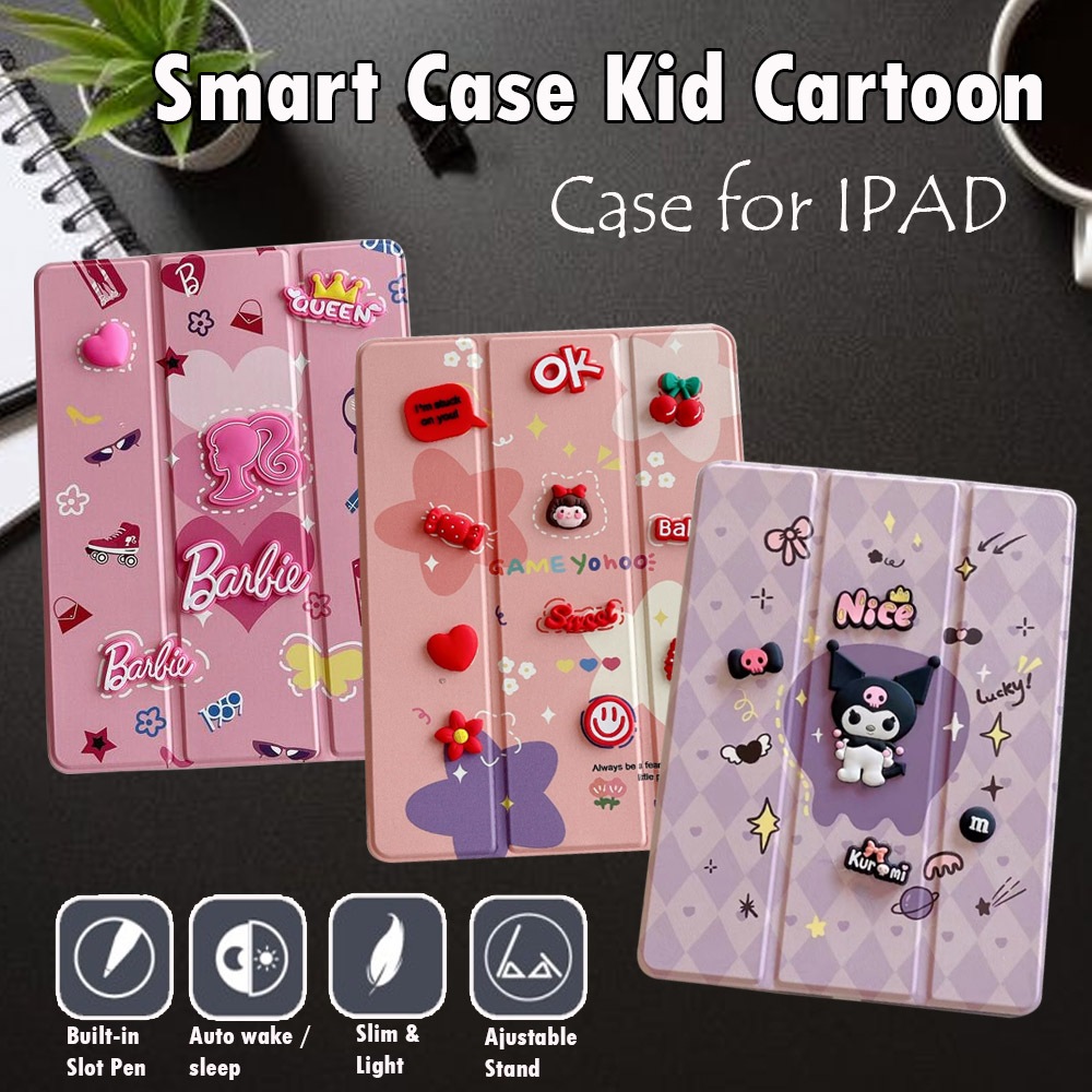 iPad 5 6 2017 2018 Air 1 2 9.7 Inch Smart Case Trifold Motif 3D Kuromi Bear Leather Softcase Shockpr